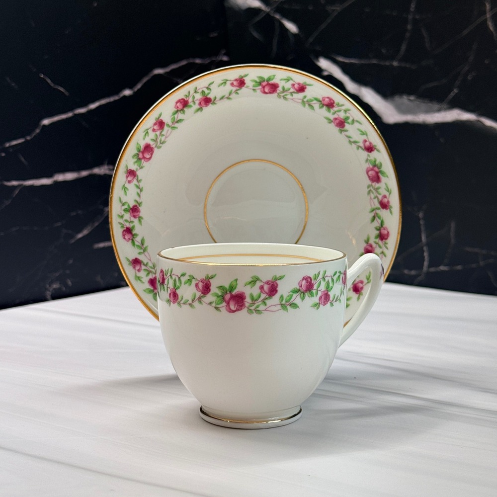 Duchess Bone China Tea Cup and Saucer Set Pink Rose Floral Gold Trim England